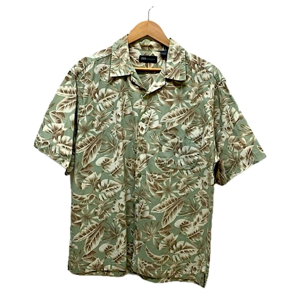 Faded Glory 100% cotton short sleeve button down casual shirt, green/tan, M